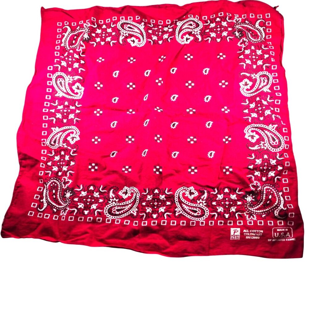 Vtg Red Paisley Bandana Paris All Cotton Made In USA Colorfast Fabric biker